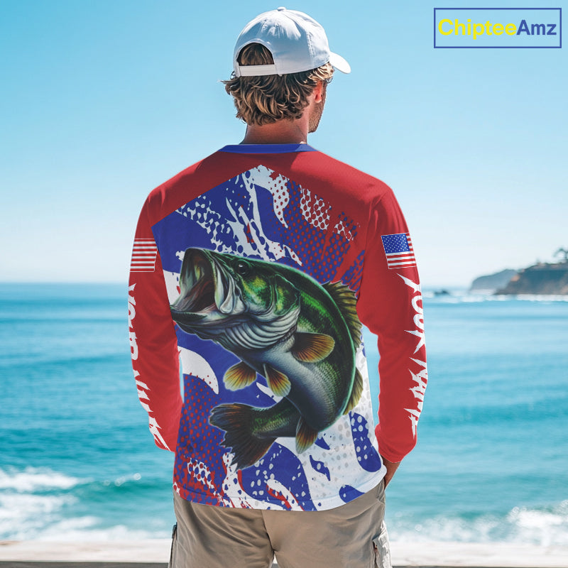 Bass Fishing American Flag Fishing Shirts Long Sleeve, Bass Fishing Shirts For Men, UPF Fishing Shirts NBT436