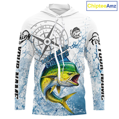 Custom Mahi Mahi Long Sleeve Hooded Fishing Shirts Saltwater Fish, Compass Offshore Tournament Fishing Shirts NBT552