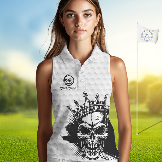 Funny Skull Womens Sleeveless Golf Polo Shirts Golf Camo Pattern Custom Name Skull Golf Shirt, Golf Attire NBT555