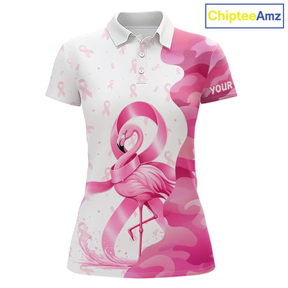 Front views of a womens Breast Cancer Awareness flamingo and pink ribbon golf polo shirt, name text on the sleeve.