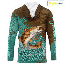 Load image into Gallery viewer, Personalized Redfish Long Sleeve Hooded Fishing Shirts Brown Turquoise Camo, Redfish Fishing Shirts For Men NBT396