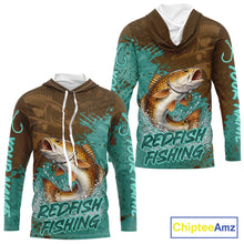 Load image into Gallery viewer, Personalized Redfish Long Sleeve Hooded Fishing Shirts Brown Turquoise Camo, Redfish Fishing Shirts For Men NBT396