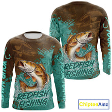 Load image into Gallery viewer, Personalized Redfish Fishing Shirts Long Sleeve Brown Turquoise Camo, Redfish Fishing Shirts For Men NBT396