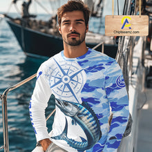 Load image into Gallery viewer, A man wearing a wahoo fishing shirt long sleeve with custom name on the sleeve.
