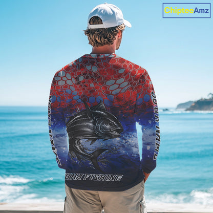 Custom Red Blue Tuna Fishing Long Sleeve Fishing Shirts, Saltwater Offshore Fishing Shirts NBT399