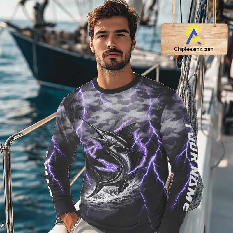 Thunder Lightning Swordfish Fishing Shirts Long Sleeve Black Camouflage, Saltwater Fishing Shirts NBT401
