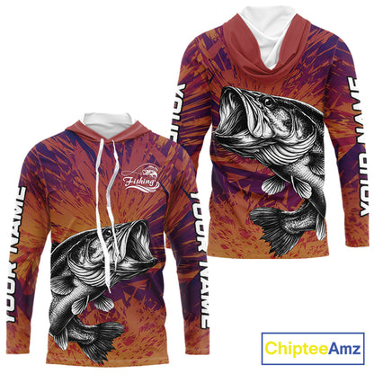 Personalized Bass Fishing Shirts For Men Dawn Camo, Bass Long Sleeve Hooded Fishing Shirts NBT444