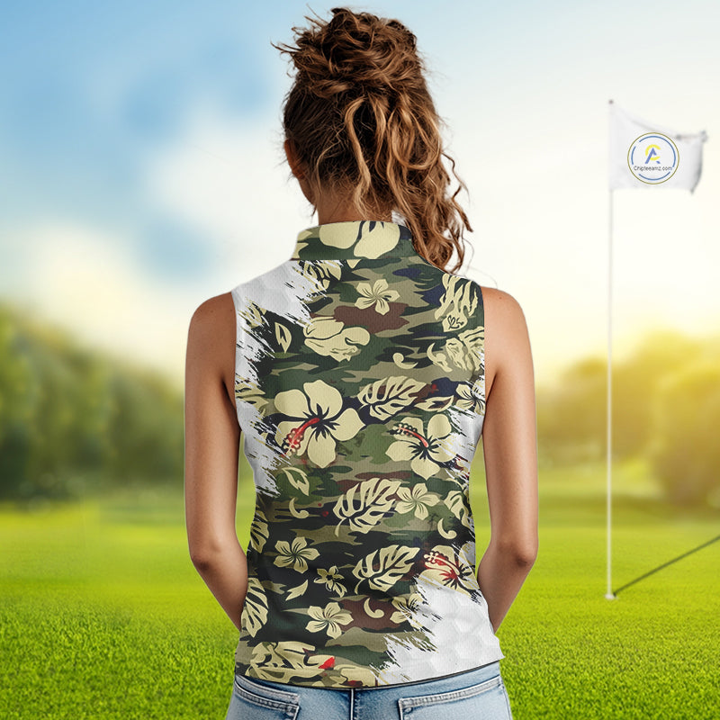 Green Camo Tropical Pattern Womens Sleeveless Golf Polo Shirts Custom Golf Outfit, Team Golf Shirt NBT698