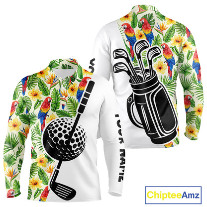 Funny Tropical Parrot And Golf Pattern Mens Polo Golf Shirts Custom Golf Team Shirts Golfer Outfit, Golf Gifts NBT700