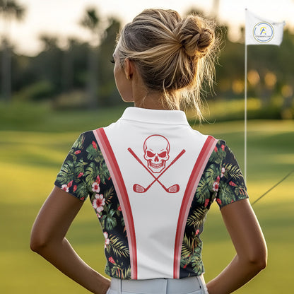 Custom Womens Golf Polo Shirts Funny Tropical Leaf Cross Skull Golf Clubs White Golf Shirt|Red NBT704