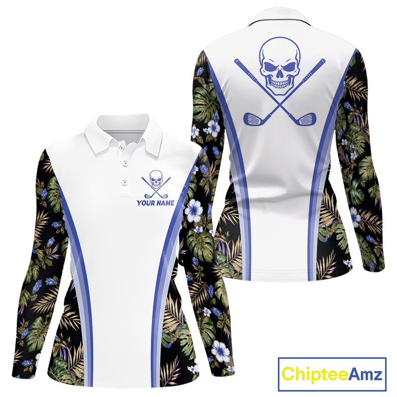Custom Womens Golf Polo Shirts Funny Tropical Leaf Cross Skull Golf Clubs White Golf Shirt|Blue NBT705