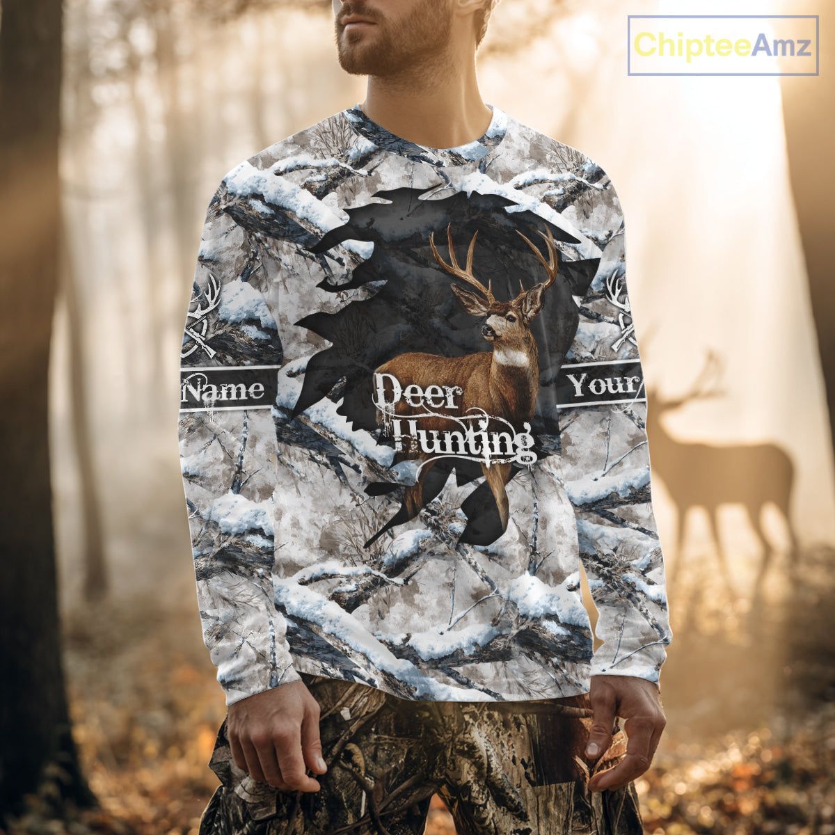 Whitetail Deer Hunting Shirts Custom Name Snow Camo, Deer Season Hunting Clothes For Men NBT273