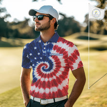 Load image into Gallery viewer, Man wearing an American tie-dye polo shirt with a golf course background