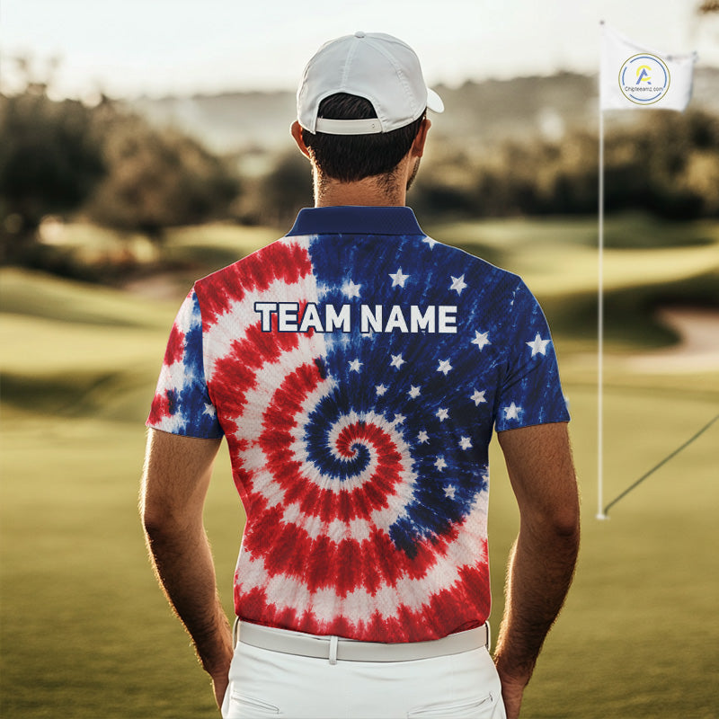 Person wearing an American tie-dye polo shirt with 'TEAM NAME' text on a golf course