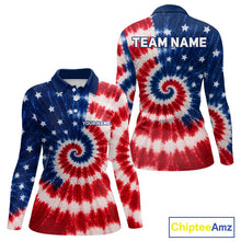 Load image into Gallery viewer, Front and back view of American flag tie dye womens long sleeve golf polo shirt
