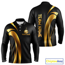 Load image into Gallery viewer, Front view of Black and Gold mens long sleeve golf polo shirt with custom golf clubs design