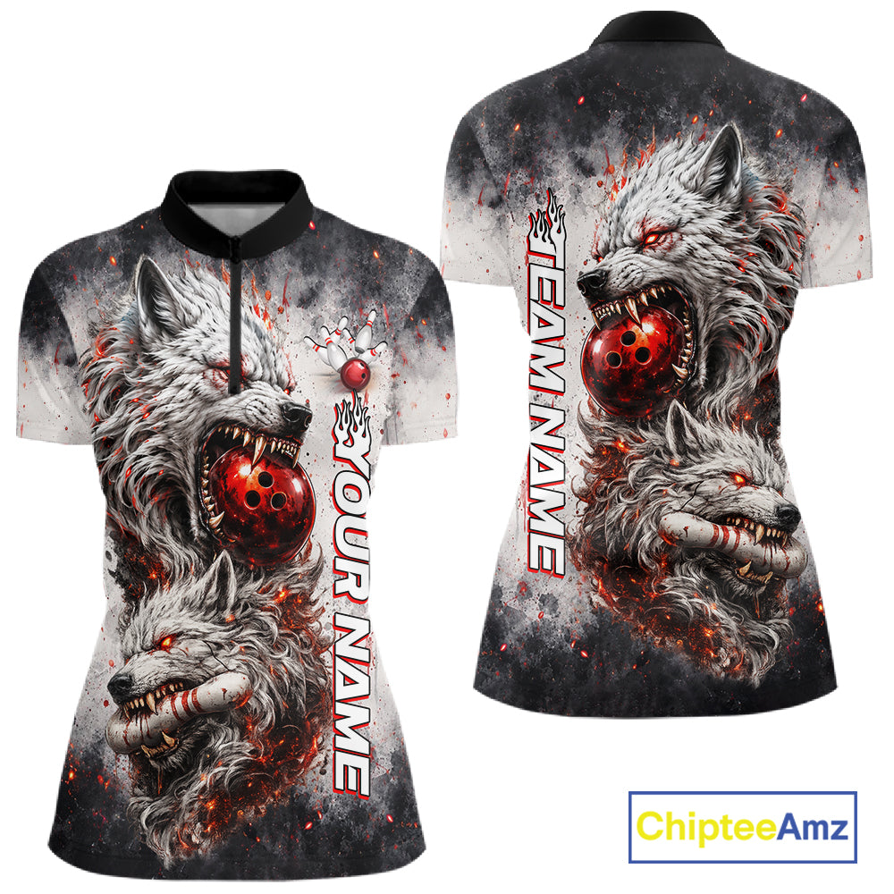 Front and back view of custom black and gray wolf bowling quarter zip bowling jersey for women