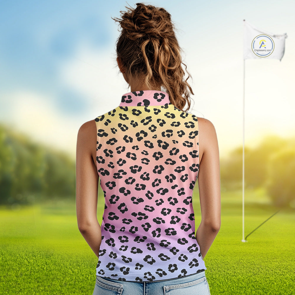 Womens Sleeveless Golf Polo Shirts Custom Colorful Neon Gradient Leopard Pattern Team Womens Golf Top, Golf Gifts NBT493