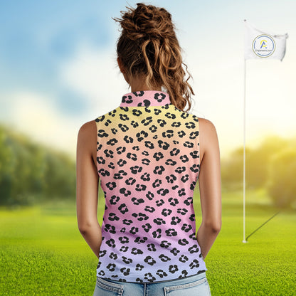 Womens Sleeveless Golf Polo Shirts Custom Colorful Neon Gradient Leopard Pattern Team Womens Golf Top, Golf Gifts NBT493
