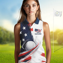 Load image into Gallery viewer, Woman wearing custom white golf polo with USA flag on golf course