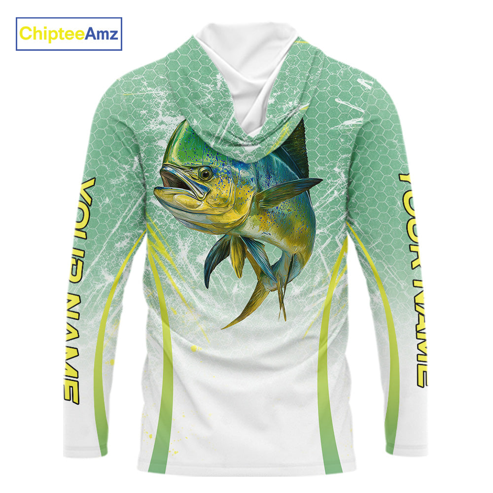 Mahi Mahi Fishing Shirt Long Sleeve Hooded Green Camo, Saltwater Fishing Shirts For Men NBT405