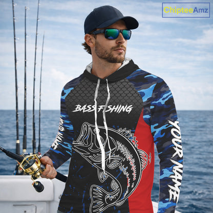 Bass Fishing Hooded Long Sleeve Shirts Blue Camouflage Fish Scale Tournament Bass Fishing Shirts NBT363