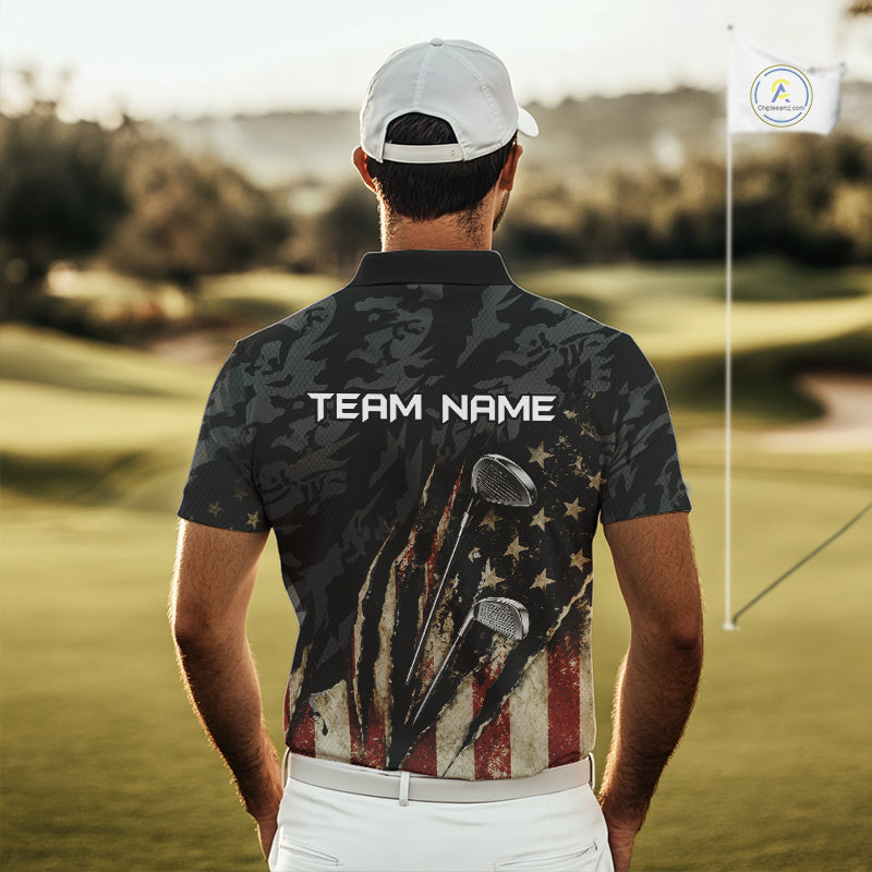 Man wearing American Flag Golf Clubs Camo Mens Polo Shirt with Team Name on the back