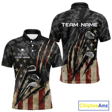 Load image into Gallery viewer, American Flag Golf Clubs Camo Mens Polo Shirt Back View Custom Name &amp; Team Name