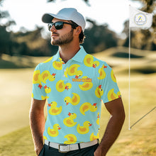 Load image into Gallery viewer, Man wearing Funny Rubber Duck Golf Shirt on golf course, cute yellow rubber duck print design, tailored fit breathable polyester, custom team golf shirt white collar 
