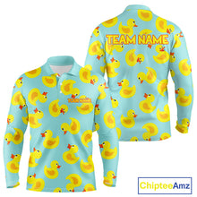 Load image into Gallery viewer, Funny Rubber Duck Golf Shirt front view - cute yellow rubber duck print design, breathable polyester fabric, long sleeve Polo shirt, tailored fit, white collar, custom golf team shirt 