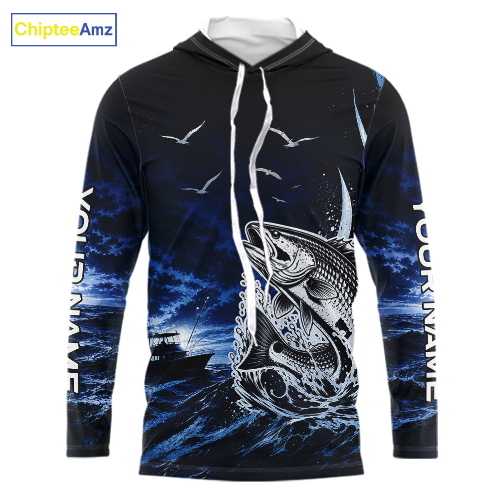 Front view of personalized Redfish Red Drum blue long sleeve hooded performance fishing shirt, offshore tournament style