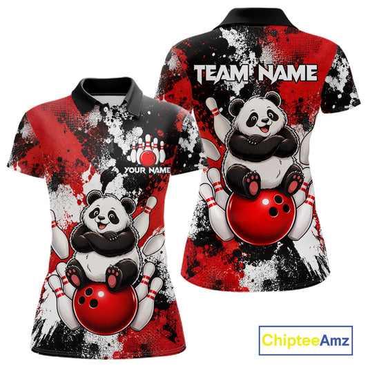 Funny Black And Red Panda Bowling Polo & Quarter Zip For Women, Custom Bowling Team Shirt Bowling Jersey NBT913