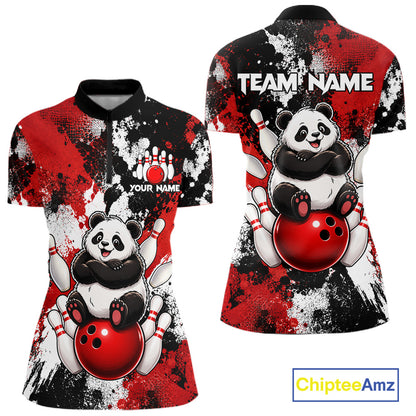 Funny Black And Red Panda Bowling Polo & Quarter Zip For Women, Custom Bowling Team Shirt Bowling Jersey NBT913