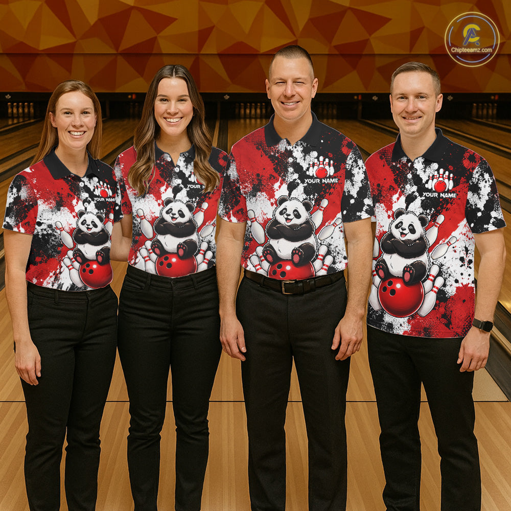 Funny Black And Red Panda Bowling Polo & Quarter Zip For Women, Custom Bowling Team Shirt Bowling Jersey NBT913