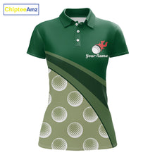 Load image into Gallery viewer, front view of funny golf balls pattern womens green golf polo shirt for ladies