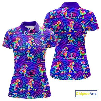 Colorful Neon Rainbow Leopard Flamingo Pattern Womens Polo Shirts, Custom Flamingo Golf Shirts NBT507