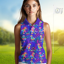 Load image into Gallery viewer, Colorful Neon Rainbow Leopard Flamingo Pattern Womens Sleeveless Polo Shirts, Custom Flamingo Golf Shirts NBT507