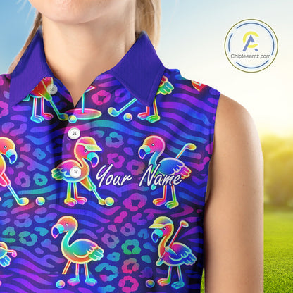 Colorful Neon Rainbow Leopard Flamingo Pattern Womens Sleeveless Polo Shirts, Custom Flamingo Golf Shirts NBT507