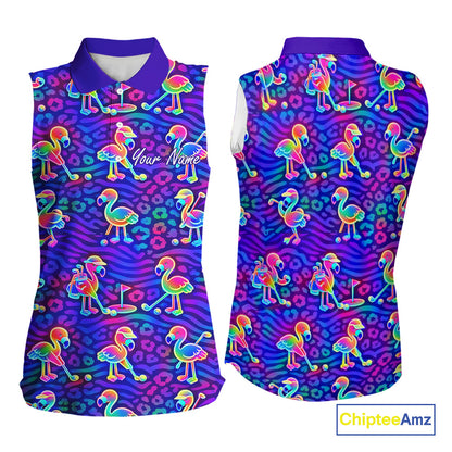 Colorful Neon Rainbow Leopard Flamingo Pattern Womens Sleeveless Polo Shirts, Custom Flamingo Golf Shirts NBT507