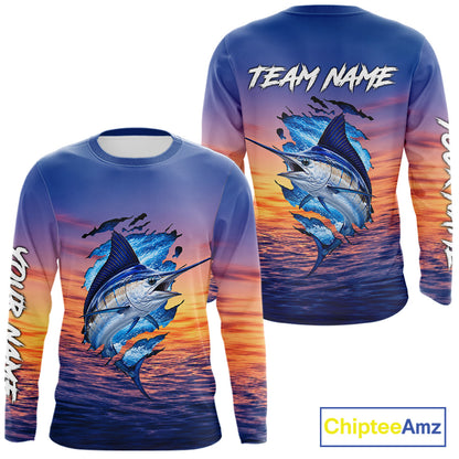 Marlin Fishing Sunset Custom Fishing Long Sleeve Shirt, Marlin Offshore Fishing Apparel NBT853