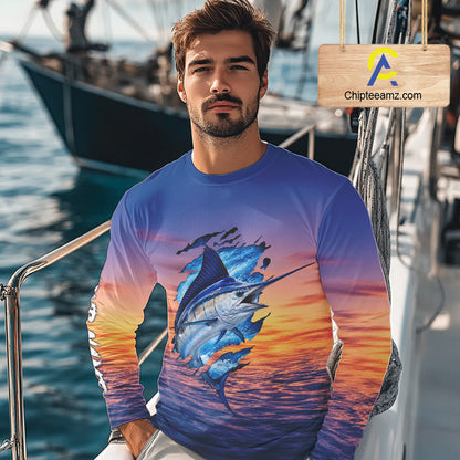 Marlin Fishing Sunset Custom Fishing Long Sleeve Shirt, Marlin Offshore Fishing Apparel NBT853