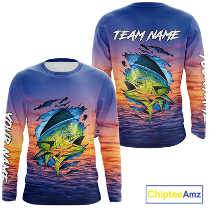 Mahi Mahi Fishing Sunset Custom Fishing Long Sleeve Shirt, Mahi Mahi Offshore Fishing Apparel NBT854
