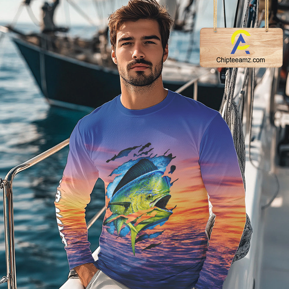 Mahi Mahi Fishing Sunset Custom Fishing Long Sleeve Shirt, Mahi Mahi Offshore Fishing Apparel NBT854
