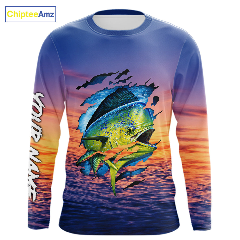 Mahi Mahi Fishing Sunset Custom Fishing Long Sleeve Shirt, Mahi Mahi Offshore Fishing Apparel NBT854