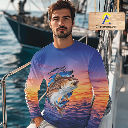 Redfish Fishing Sunset Custom Fishing Long Sleeve Shirt, Redfish Offshore Fishing Apparel NBT855