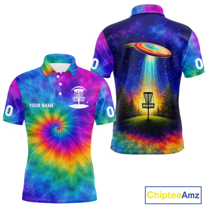 Mens Disc Golf Polo Shirts with Colorful Tie Dye Background Custom Disc Golf Team Shirt, Disc Golf Gift NBT657