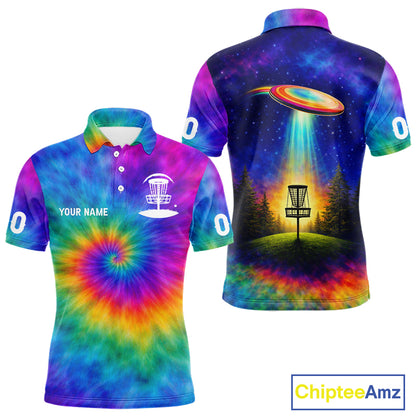 Mens Disc Golf Polo Shirts with Colorful Tie Dye Background Custom Disc Golf Team Shirt, Disc Golf Gift NBT657