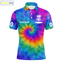 Load image into Gallery viewer, Mens Disc Golf Polo Shirts with Colorful Tie Dye Background Custom Disc Golf Team Shirt, Disc Golf Gift NBT657