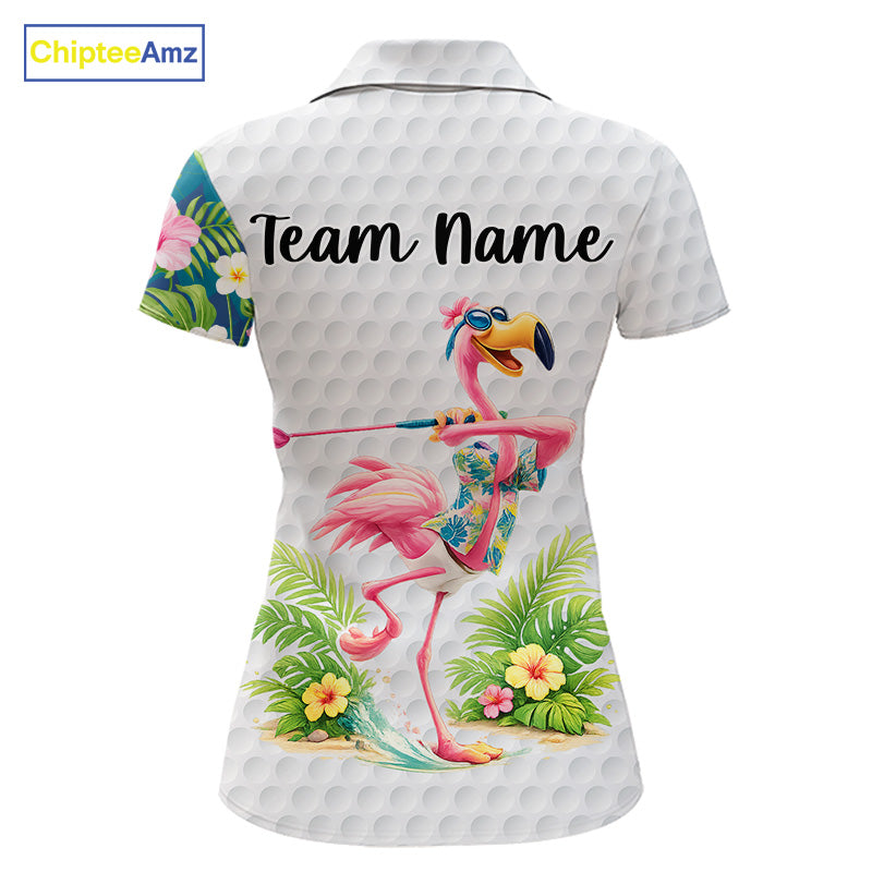 Funny Womens Golf Polo Shirt Custom Tropical Flamingo Pattern White Golf Shirts NBT523