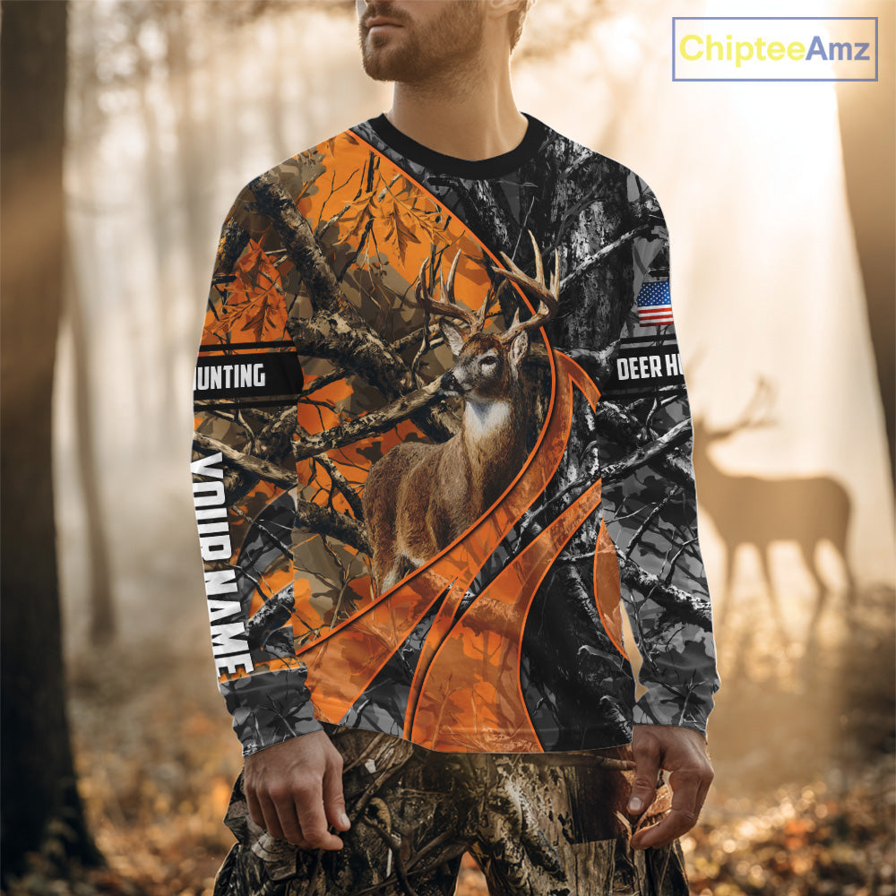 Whitetail Deer Hunting Orange and Black Camo Shirts with US Flag, Personalized Hunting Shirt NBT68